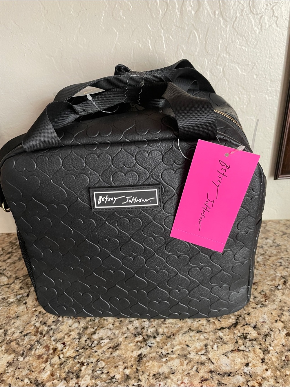 Betsey Johnson Black Embossed Heart Insulated Lunch Tote